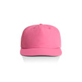 A pink cap featuring a curved brim and a logo on the front. Ideal for headwear enthusiasts.
