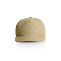 A beige cap featuring a curved brim and a back adjustable strap, with a logo on the front.