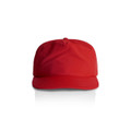 A red cap with a curved brim and a logo on the front. The cap features a structured design.