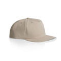 A beige cap with a slightly curved brim and a logo on the front.