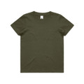 A dark olive green kids' T-shirt featuring a crew neck and short sleeves, with a branding label.