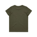 A plain olive green children's T-shirt with short sleeves and a simple design. Features a logo on the back.