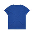 A blue youth staple tee with a plain back and short sleeves, featuring a logo.