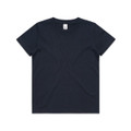 A dark navy blue kids' t-shirt with a classic round neckline and short sleeves, featuring a logo tag.