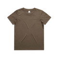 A brown youth staple tee with a classic crew neck and short sleeves, featuring a logo on the label.