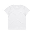 A white kids' staple tee shirt with a simple design and a logo on the label.