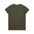 An olive green T-shirt with a classic crew neckline and short sleeves, featuring a logo on the back.