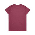 A maroon t-shirt with a standard crew neck and short sleeves, featuring a plain back and a logo on one sleeve.
