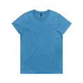 A blue t-shirt with a crew neck and short sleeves, featuring a branding label.