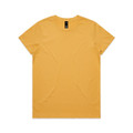 A plain yellow T-shirt with a round neckline and short sleeves, featuring a logo on the tag inside.