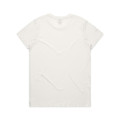 A plain white T-shirt featuring a simple design and a logo on the back.