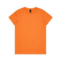 An orange T-shirt with a round neckline and short sleeves, featuring a logo on the tag.