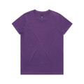 A purple t-shirt with a round neck and short sleeves, featuring a logo on the interior label.