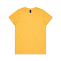 A yellow t-shirt with a round neckline and short sleeves. It features a logo at the neck.