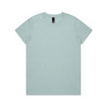A light blue T-shirt displayed flat, featuring a round neckline and a tag at the collar, with a plain design.