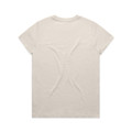 A beige T-shirt with a simple design and a logo on the back.