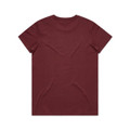 A maroon T-shirt with a simple design, featuring a branded logo on the back.