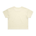 A light cream crop t-shirt featuring a simple design and relaxed fit, with a logo on the back.