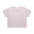 A cropped tee in a light lavender colour with a round neckline and short sleeves, featuring a brand logo.