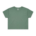 A green cropped t-shirt with a simple design and short sleeves, featuring a logo at the neckline.