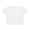 A white crop tee with a round neck and short sleeves, featuring one logo.