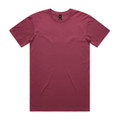 A maroon T-shirt with a round neck and short sleeves, featuring a logo in the neckline area.
