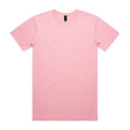 A pink T-shirt with a crew neckline and short sleeves, featuring a logo on the label.