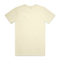 A plain cream T-shirt with short sleeves and a round neckline, featuring a logo on the back.