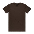 A brown T-shirt with a crew neck and short sleeves. The shirt features a logo at the neck.