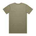 A plain olive green t-shirt with short sleeves and a round neckline, featuring a logo on the back.