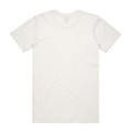 A plain white t-shirt with a crew neck and short sleeves, featuring a logo on the back.