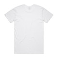 A plain white T-shirt with a round neckline and short sleeves, featuring a logo on the back.
