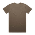 A plain brown T-shirt featuring a crew neck and short sleeves, with a logo on the back.