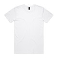 A white T-shirt featuring a simple design and a brand logo at the neckline.