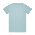 A light blue t-shirt with a crew neck and short sleeves, featuring a logo on the back.