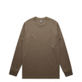 A long-sleeve T-shirt in a solid brown colour, featuring a crew neckline and fitted cuffs. It has a logo on the label.