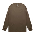 A long-sleeve t-shirt in a brown hue, featuring a simple design and a logo on the tag.