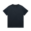 A navy blue heavy T-shirt with a round neckline and short sleeves, featuring a logo on the label.