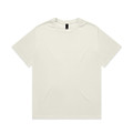 A plain white T-shirt with a round neckline and short sleeves, featuring a small logo on the label.