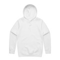 A white hoodie with a front pouch pocket and a drawstring hood. It features a logo on the front.
