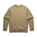 A beige sweater with a rounded neckline and long sleeves. The sweater has a logo on it.