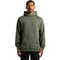 A green hoodie with a front pocket and a hood, featuring a logo. The model is standing upright.