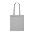 A grey tote bag with two long handles and a simple design. The bag features a logo.