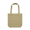 A beige tote bag with two shoulder straps and a simple design, featuring a branding logo.