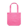 A pink tote bag with two shoulder straps and a simple design, featuring a logo.