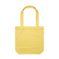 A yellow tote bag with two sturdy handles and a simple design. Features a branding logo.
