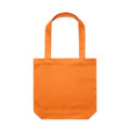 An orange tote bag with two straps and a simple, unadorned design. It features a logo.