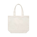 A cream shoulder tote bag with two handles and a stitched base. It features a logo on the front.