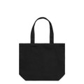A black tote bag with two handles and a simple design. It features a logo on the front.