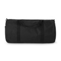 A black duffel bag with sturdy straps and a zippered closure, featuring a logo.